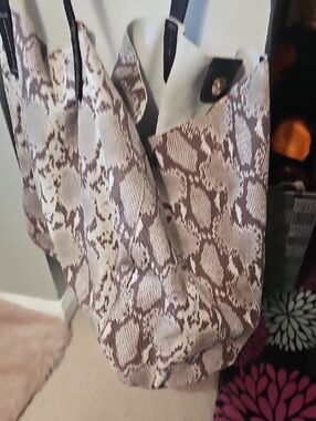 GAP Beige and Brown Snake Print Leather Tote Bag